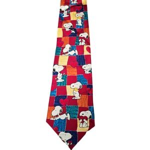 Vintage Peanuts Snoopy Silk Tie Puppy Love Hearts Red Patchwork Retro Men's